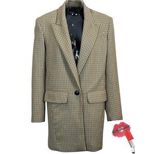 Zara‎ Blazer Women Small Long Coat Dress Houndstooth Oversized Notched Lapels